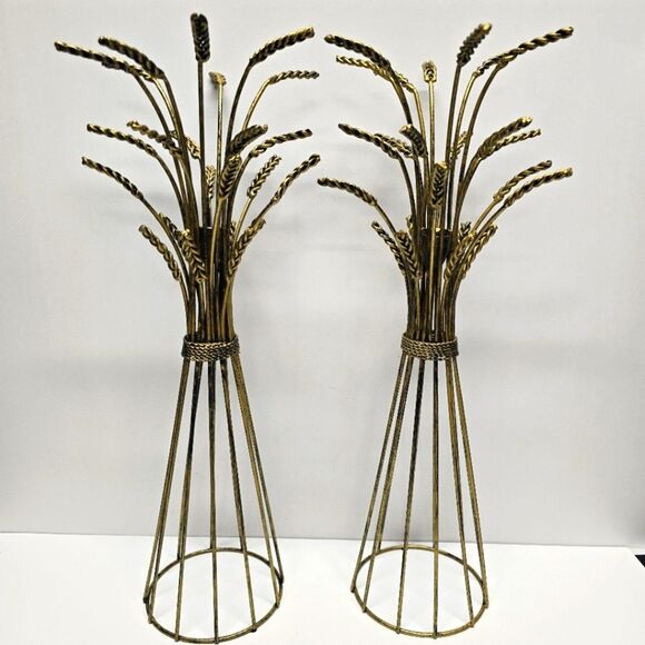 Vintage MCM Candlestick Holder Hollywood Regency Rustic Wheat Sheath Pair 18" - Picture 8 of 8